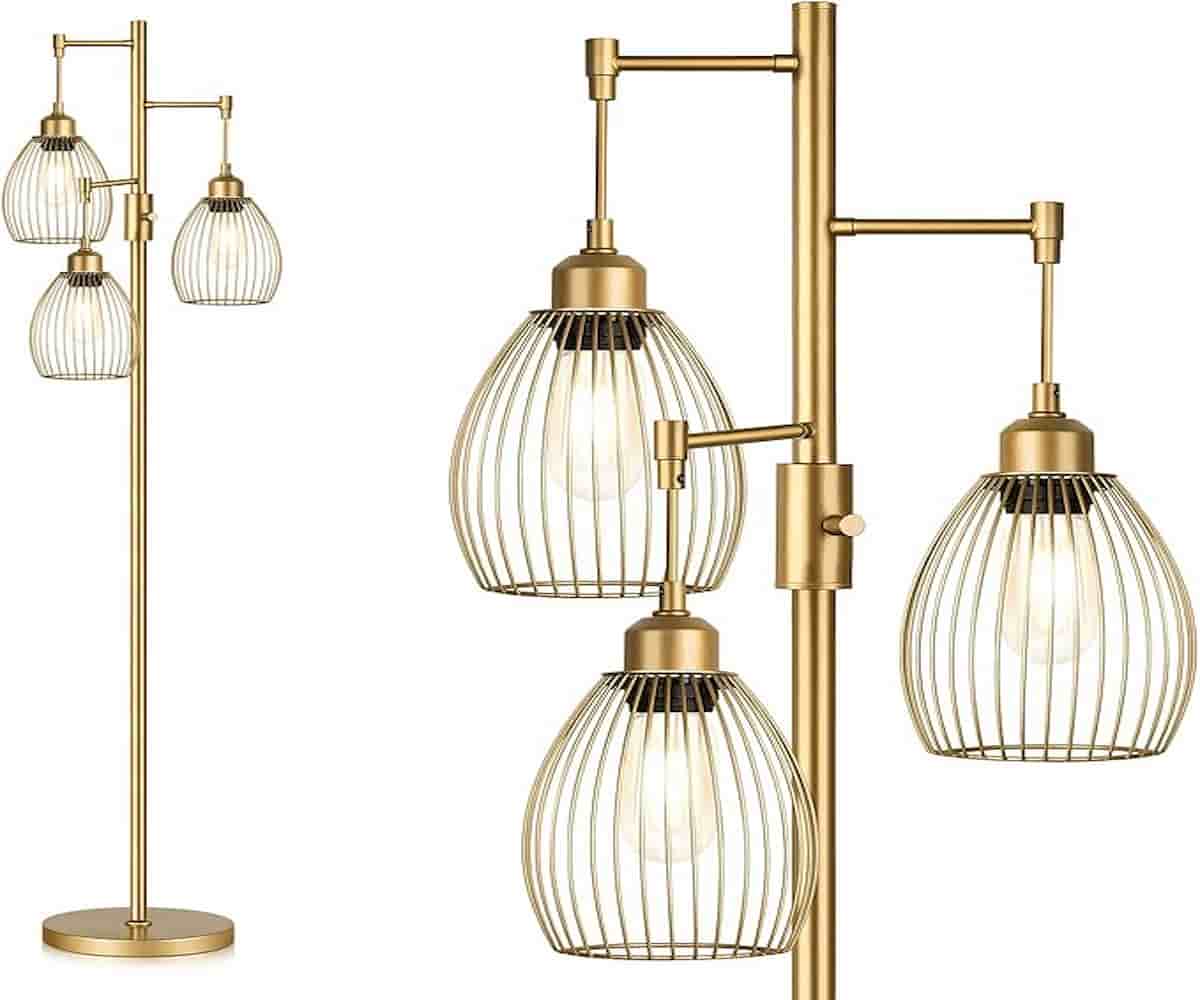 Dimmable Industrial Floor Lamp with Gold Tree Design and Teardrop Cages