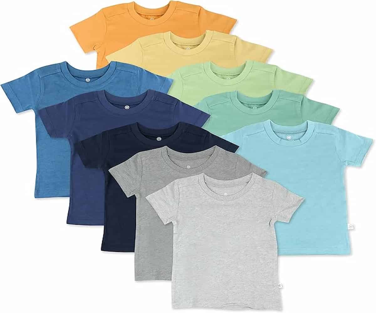 A set of colorful HonestBaby organic cotton t-shirts for babies displayed neatly on a white background