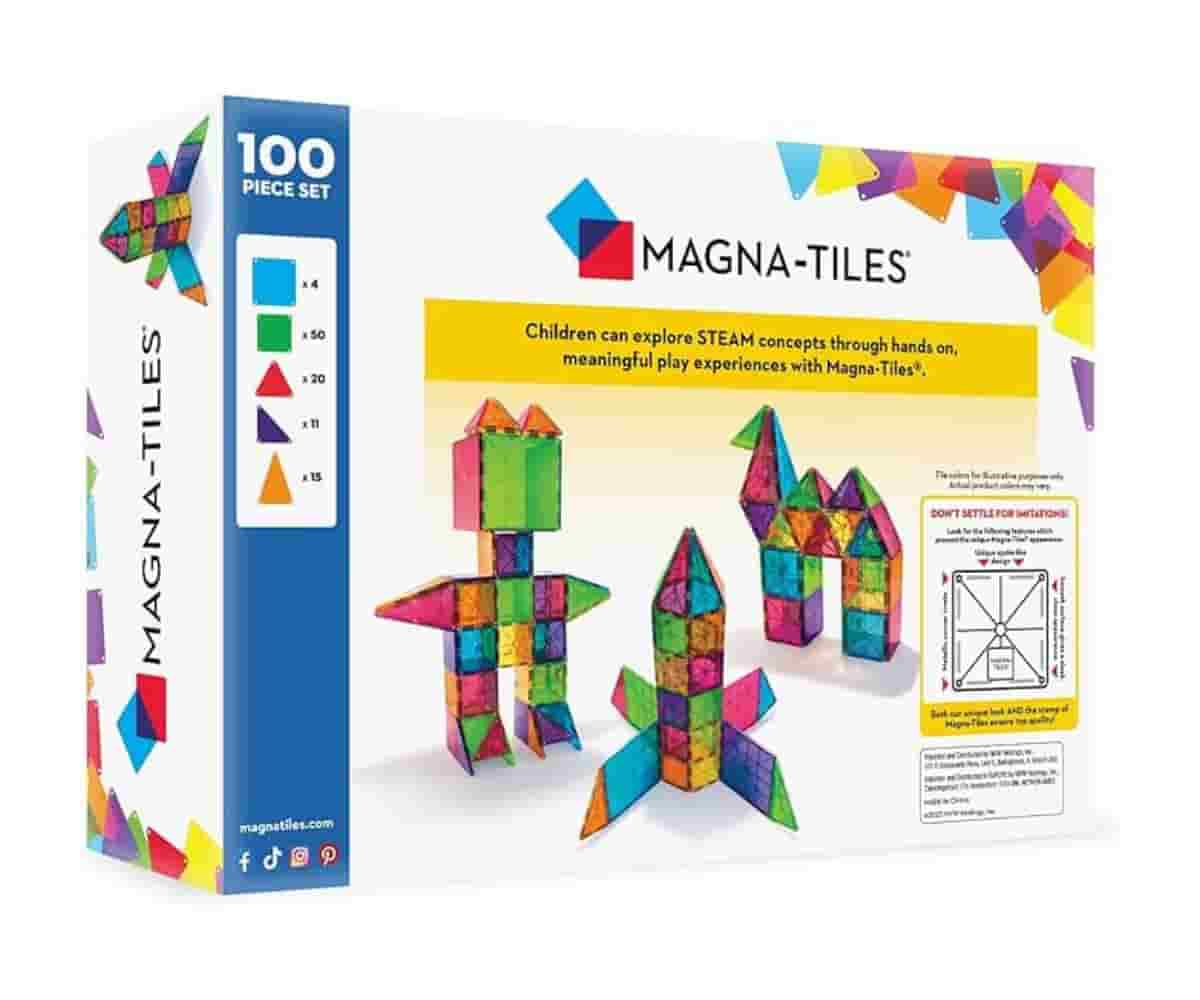MAGNA-TILES 100-piece set with colorful magnetic tiles for creative building