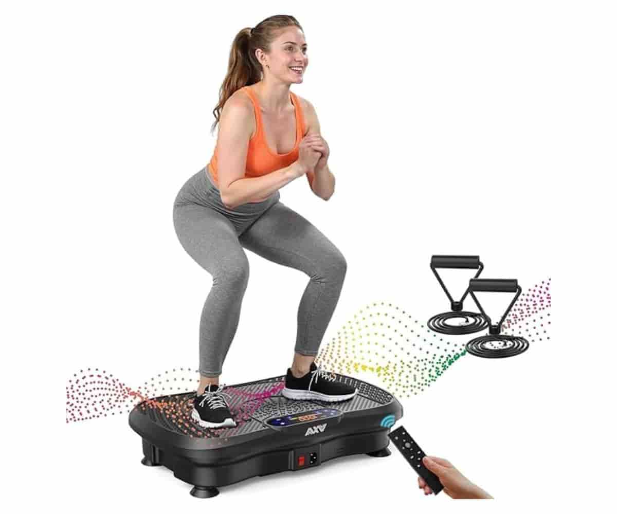 AXV Vibration Plate with non-slip surface, remote control, and resistance bands