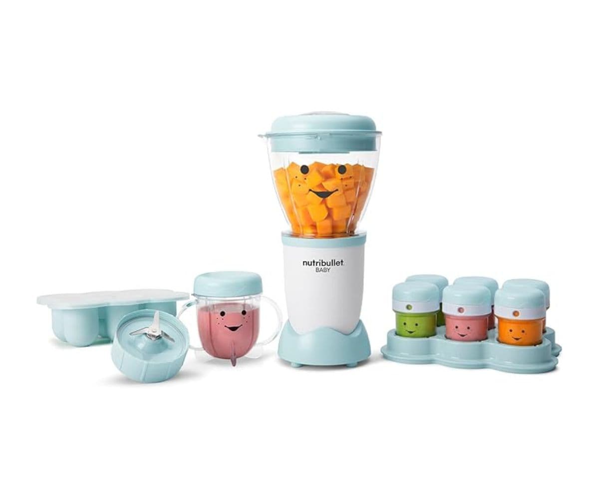 NutriBullet Baby Food Maker with storage cups, blender blade, and compact base