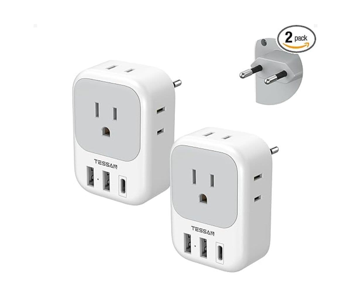 Dual-pack European plug adapters with USB-C and USB-A ports, ideal for Europe travel