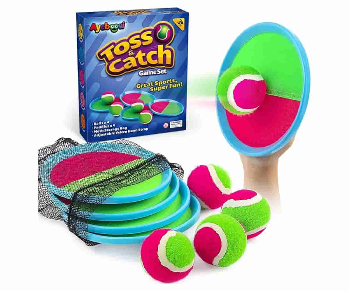 Ayeboovi Toss and Catch Ball Game with adjustable paddles and sticky balls for kids