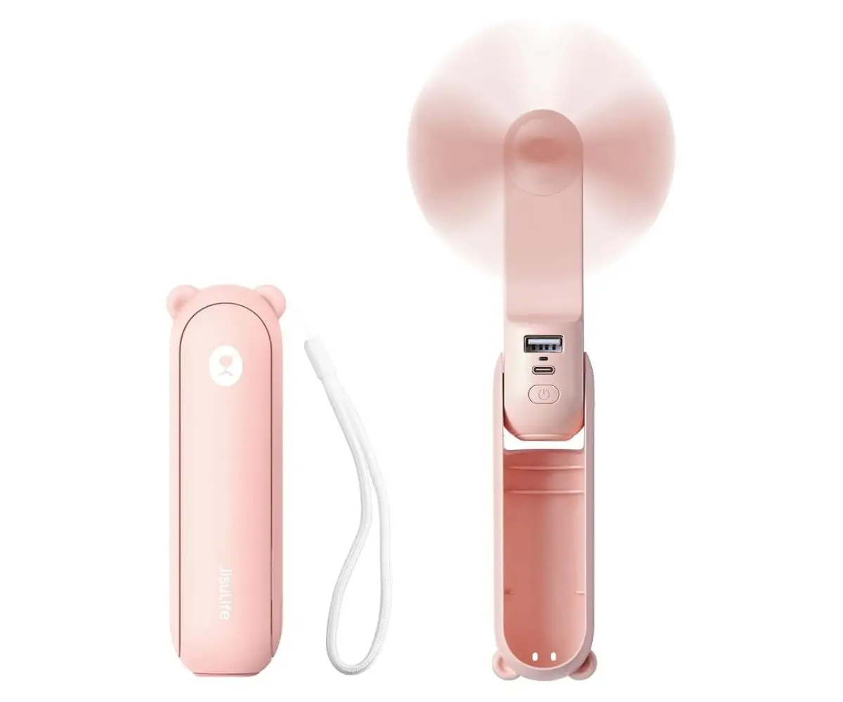 JISULIFE handheld mini fan featuring three speeds, USB rechargeability, flashlight, and compact design
