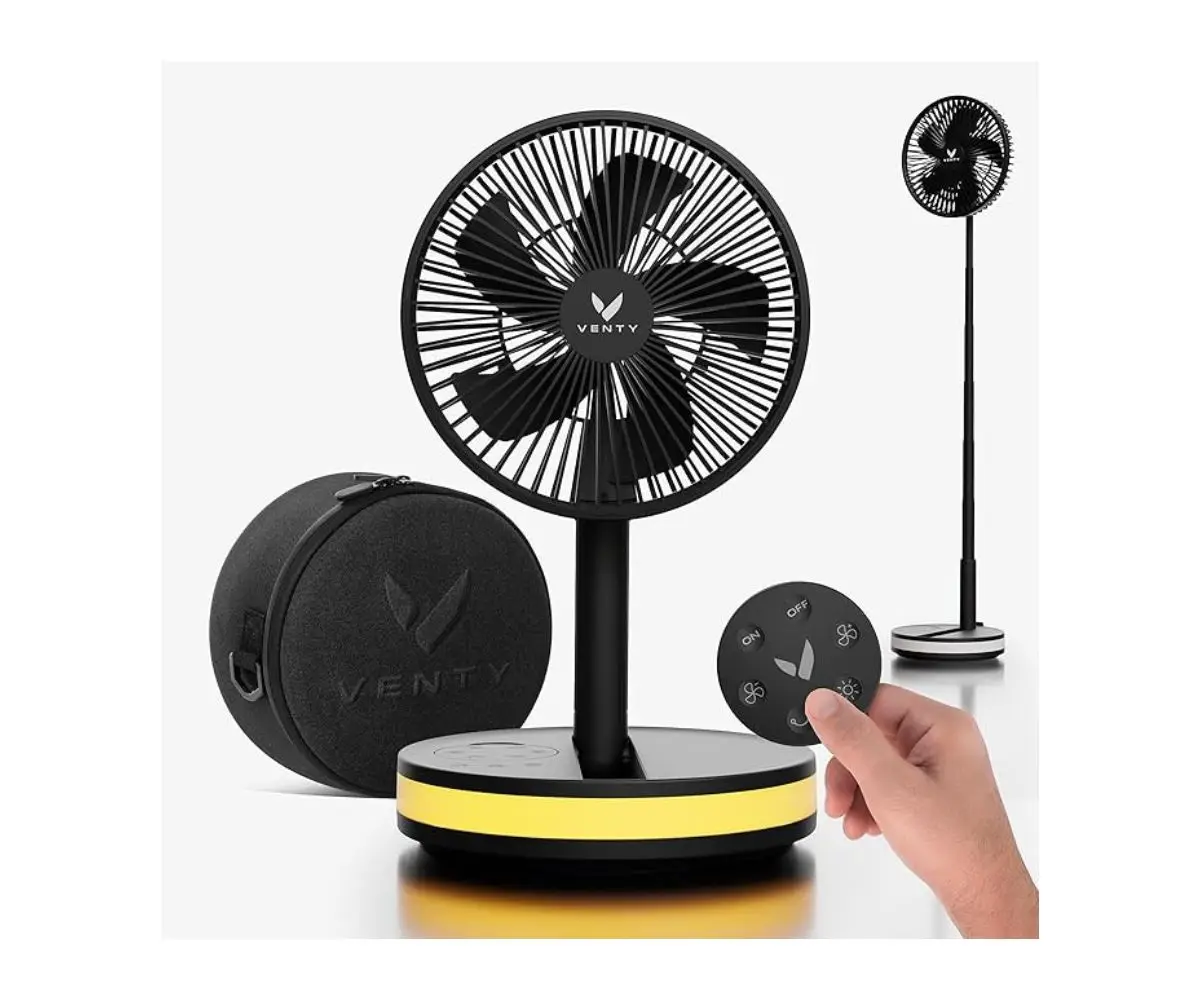 VENTY Portable Fan with remote control, 4 speeds, LED lighting, and USB-C power bank