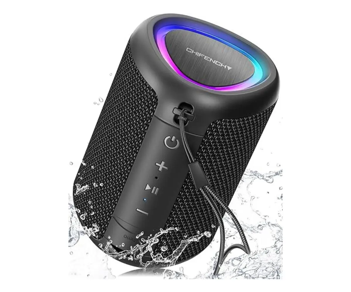 Portable waterproof Bluetooth speaker with synchronized LED lights for outdoor fun