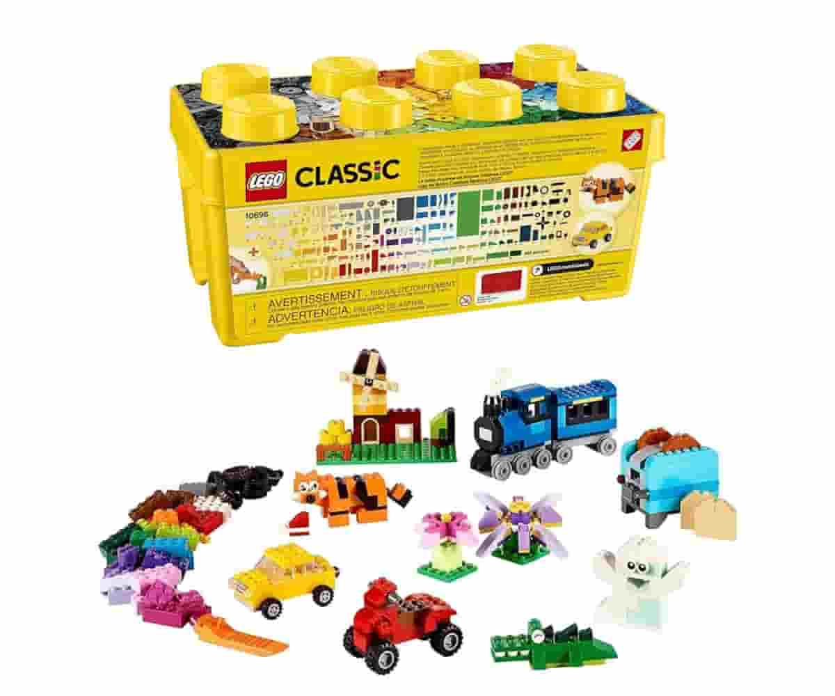 The LEGO Classic Medium Creative Brick Box 10696 offers 484 pieces, including elements for a train, car, and a tiger, all within a convenient storage solution.

