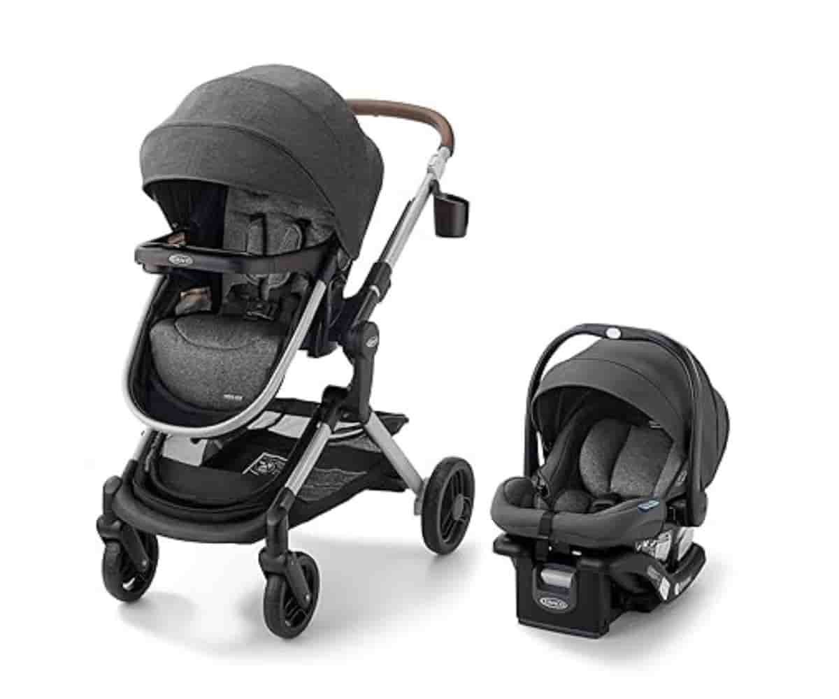 The Graco Modes Nest Travel System, Sullivan, offers 8 riding positions and includes the SnugRide SnugFit 35 Infant Car Seat.