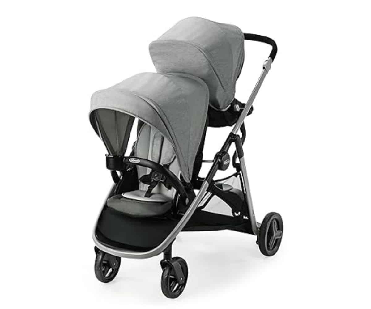 The Graco Ready2Grow LX 2.0 Double Stroller, Clark, offers 12 riding options, including a bench seat and standing platform, making it ideal for growing families.
