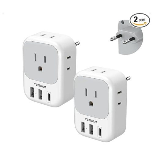 Dual-pack European plug adapters with USB-C and USB-A ports, ideal for Europe travel
