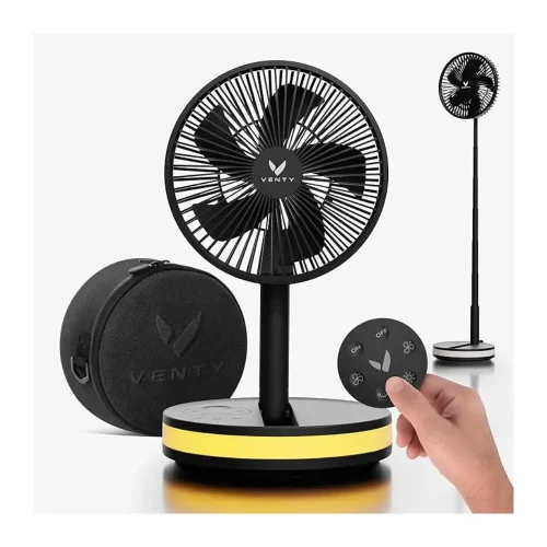VENTY Portable Fan with remote control, 4 speeds, LED lighting, and USB-C power bank