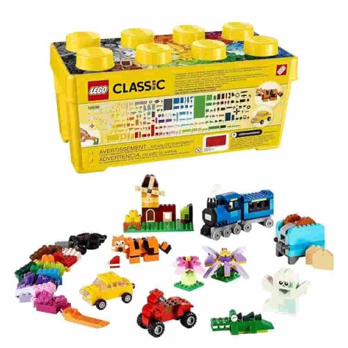 The LEGO Classic Medium Creative Brick Box 10696 offers 484 pieces, including elements for a train, car, and a tiger, all within a convenient storage solution.

