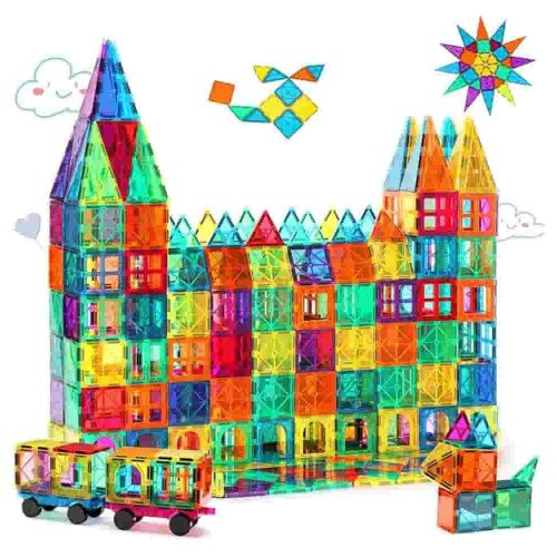 The Gemmicc Magnetic Tiles 100-piece set, complete with two magnetic cars, provides a vibrant and engaging platform for STEM-approved educational play.