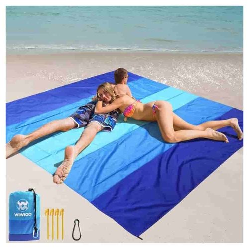 Beach Blanket with stakes, carry bag, and compact folding design