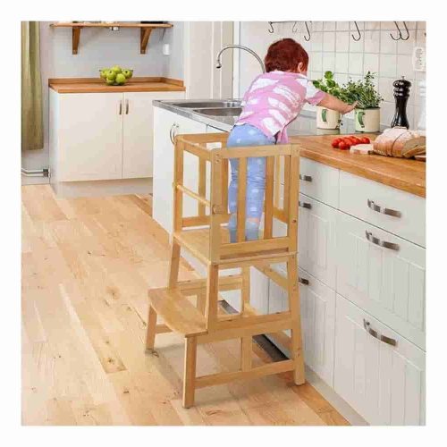 The COSYLAND Kids Kitchen Step Stool, crafted from natural bamboo with a patented anti-tip design, provides a safe and stable platform for toddlers to engage in kitchen activities.