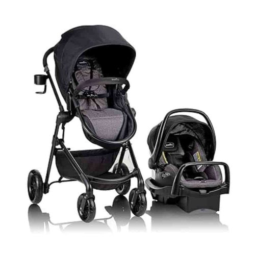 The Evenflo Pivot Modular Travel System in Casual Gray features the LiteMax Infant Car Seat with an Anti-Rebound Bar, offering versatile modes for growing families.