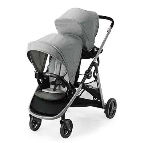 The Graco Ready2Grow LX 2.0 Double Stroller, Clark, offers 12 riding options, including a bench seat and standing platform, making it ideal for growing families.